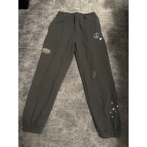 Spiritual Gangster Sweatpants Peace Eye Lightning Print Charcoal Women's Small